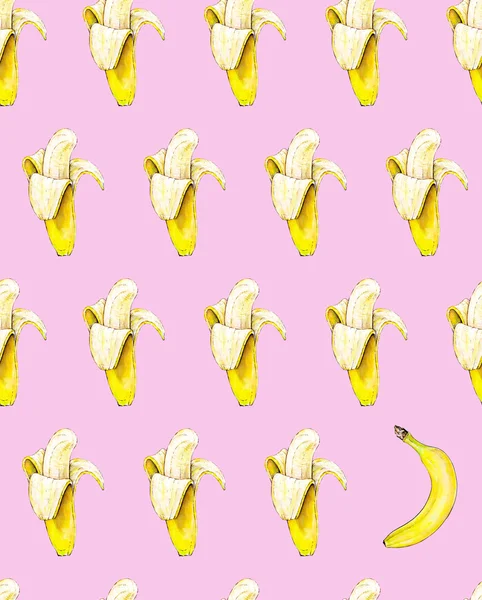 Bananes sur fond rose. Modèle sans couture. Illustration aquarelle. Fruits tropicaux. Travail manuel — Photo
