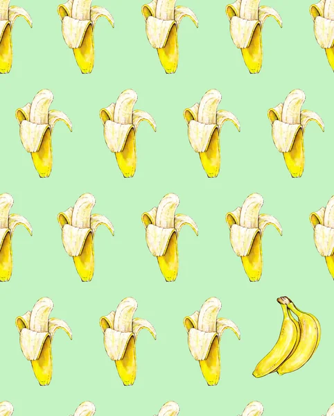 Bananes sur fond vert. Modèle sans couture. Illustration aquarelle. Fruits tropicaux. Travail manuel — Photo