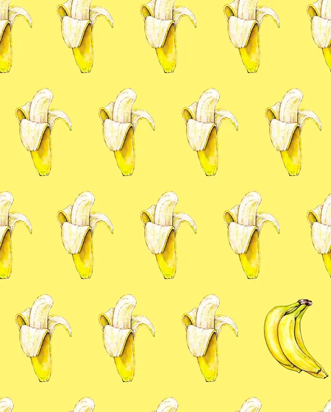 Bananas em um fundo amarelo. Padrão sem costura. Ilustração aquarela. Fruta tropical. Trabalhos manuais — Fotografia de Stock