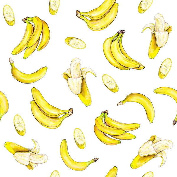 Бананы на белом фоне. Бесшовный шаблон. Акварель. Тропические фрукты. Ручная работа — стоковое фото