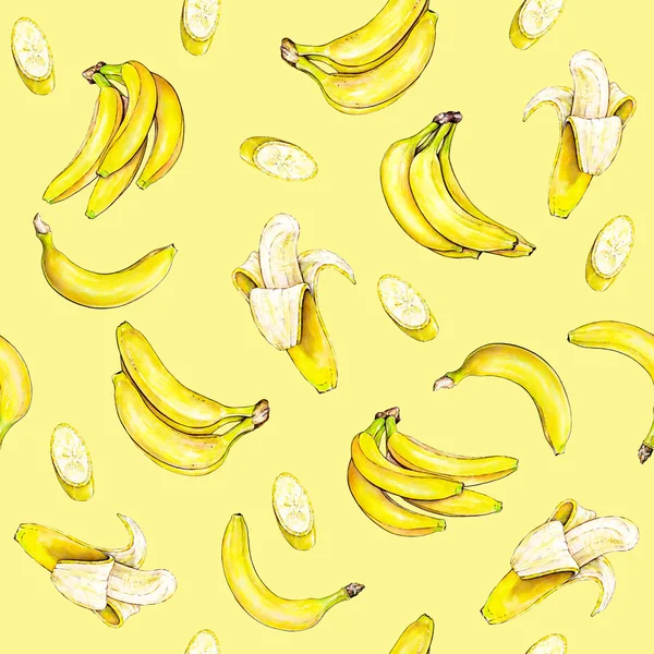 Bananas em um fundo amarelo. Padrão sem costura. Ilustração aquarela. Fruta tropical. Trabalhos manuais — Fotografia de Stock