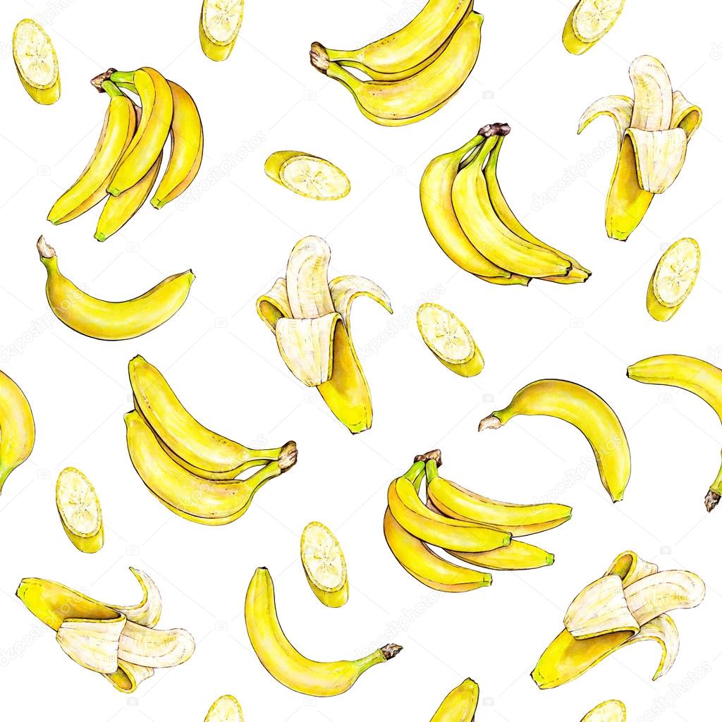 Bananas on white background. Seamless pattern. Watercolor illustration. Tropical fruit. Handwork