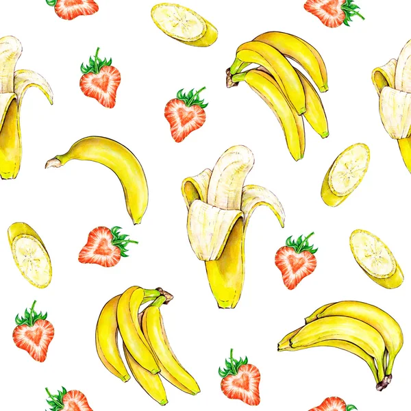Fantasia di frutta. Struttura di frutta senza cuciture di banana e fragola su uno sfondo bianco. Illustrazione ad acquerello. Lavoro manuale — Foto Stock