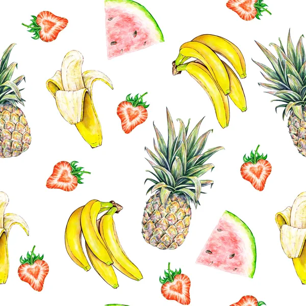 Meyve deseni. Ananas karpuz muz ve çilek beyaz bir arka planda kesintisiz meyve doku. Sulu boya resim. İşlemeli