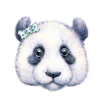Panda beyaz arka plan üzerinde. Suluboya çizimi. Çocuk illüstrasyon. İşlemeli
