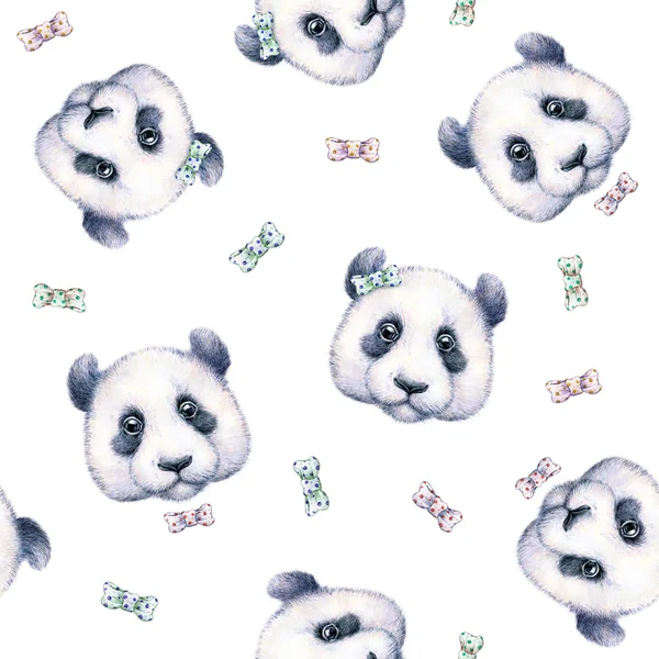 Pandas sobre fondo blanco. Patrón sin costuras. Dibujo de acuarela. Ilustración infantil. Trabajos manuales —  Fotos de Stock