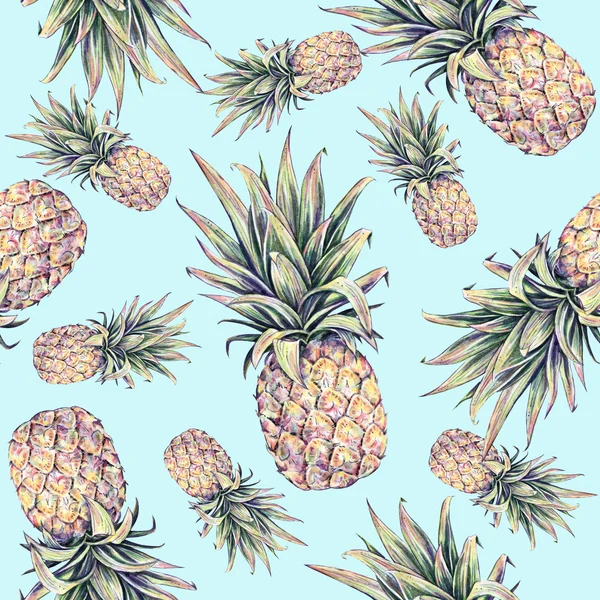 Ananas sur fond bleu clair. Illustration aquarelle colorée. Fruits tropicaux. Modèle sans couture — Photo