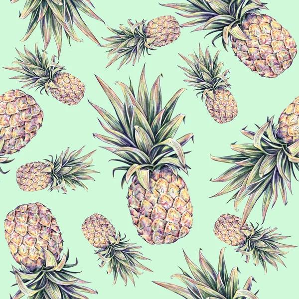 Piñas sobre un fondo verde claro. Acuarela ilustración colorida. Fruta tropical. Patrón sin costura —  Fotos de Stock