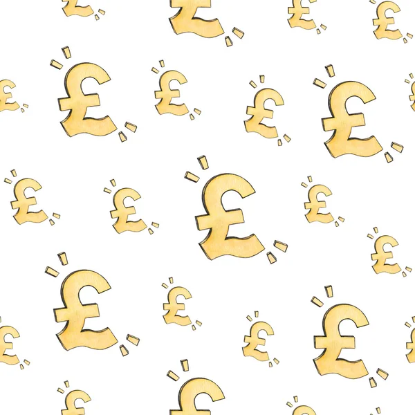 English pound sign icon. Money symbol. GBP currency. Seamless pattern. Watercolor drawing. Handwork.