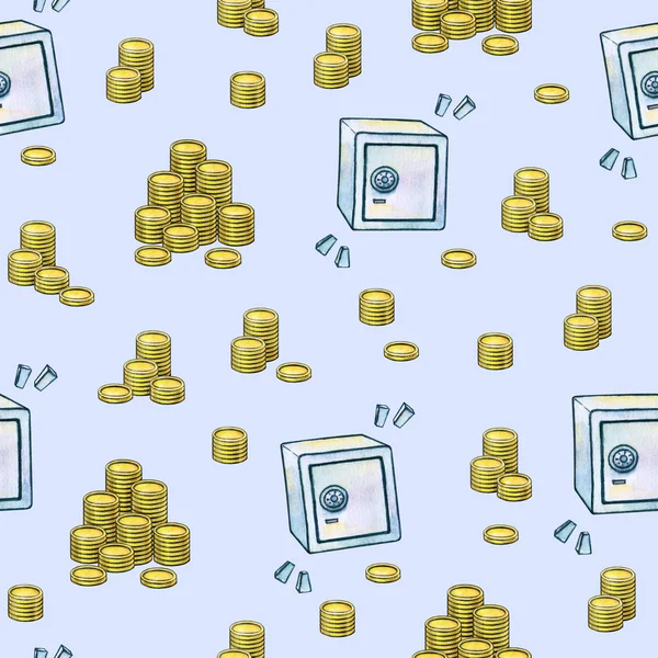 Gouden munten en de kluis op een blauwe achtergrond. Money symbolen. Naadloze patroon. Aquarel tekening. Handwerk. — Stockfoto