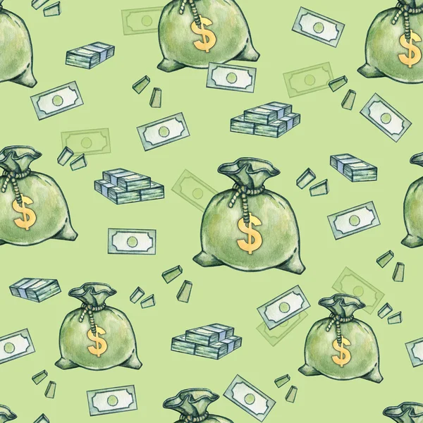 Dolar işareti. Para sembolleri. Çanta dolusu para. Seamless modeli. Suluboya çizimi. İşlemeli.