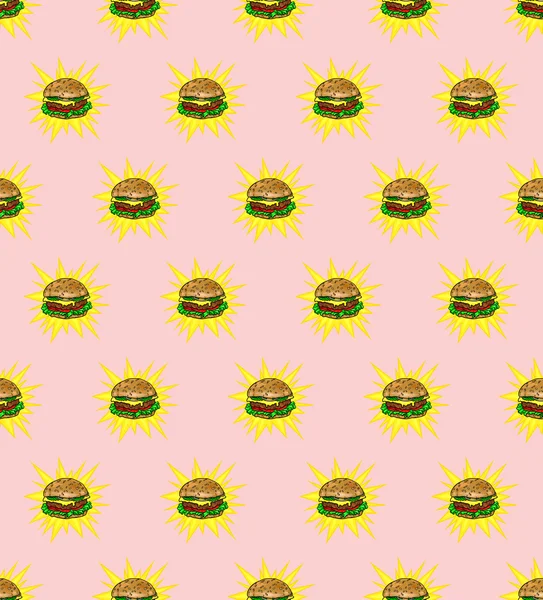 Гамбургер на розовом фоне. Цветная иллюстрация. Бесшовный шаблон. Фаст-фуд — стоковое фото