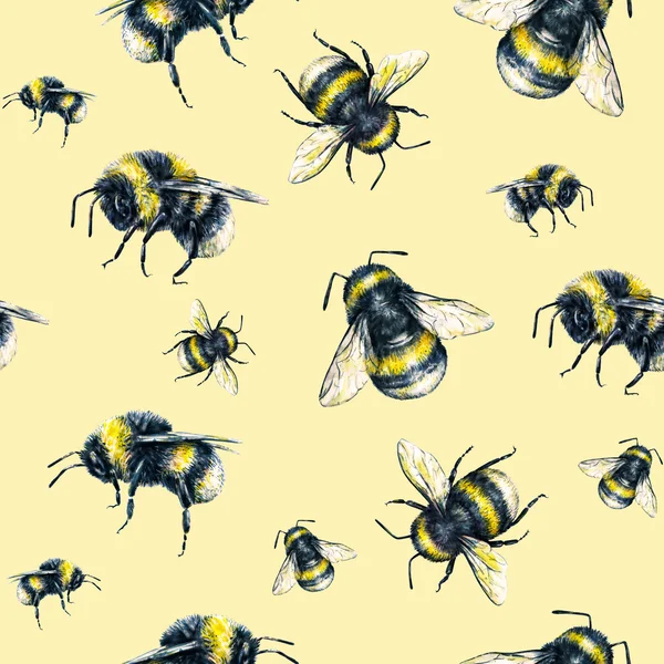 Bumblebee su sfondo giallo. Disegno ad acquerello. Insetti art. Lavoro manuale. Modello senza cuciture — Foto Stock