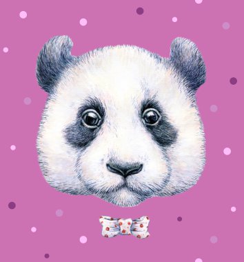 Panda pembe bir arka plan üzerinde. Suluboya çizimi. Çocuk illüstrasyon. İşlemeli