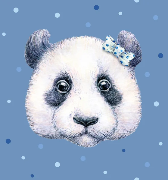 Panda mavi zemin üzerine. Suluboya çizimi. Çocuk illüstrasyon. İşlemeli