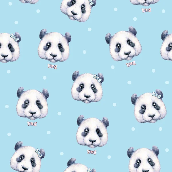 Pandas auf hellblauem Hintergrund. nahtloses Muster. Aquarellzeichnung. Kinderillustration. Handarbeit — Stockfoto