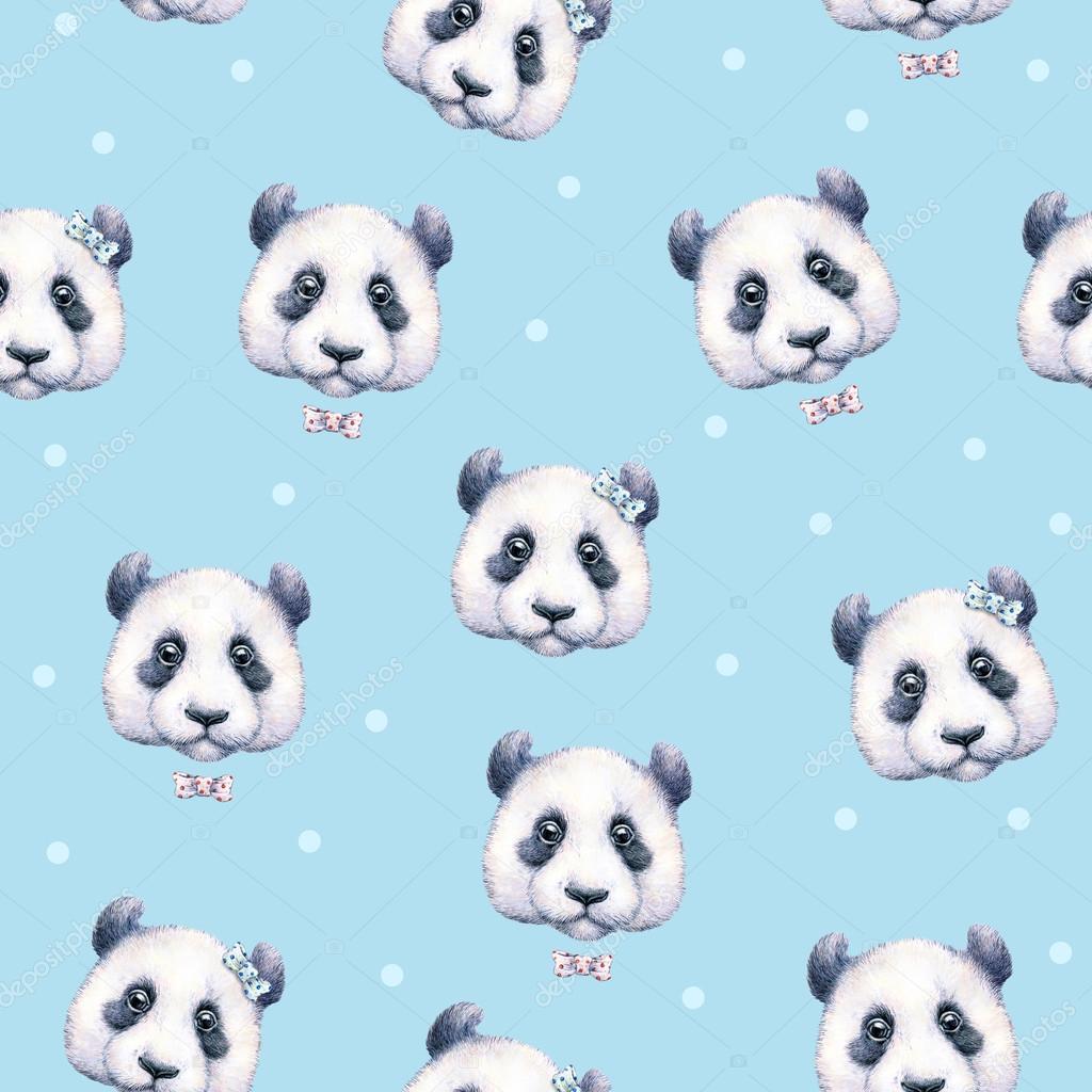 Pandas on light blue background. Seamless pattern. Watercolor drawing. Children's illustration. Handwork