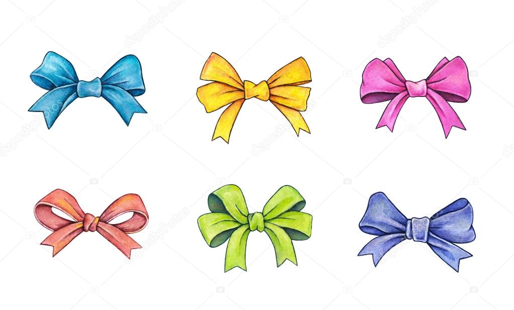 Set of color gift bows isolated on a white background. Watercolor lovely drawing. Handwork