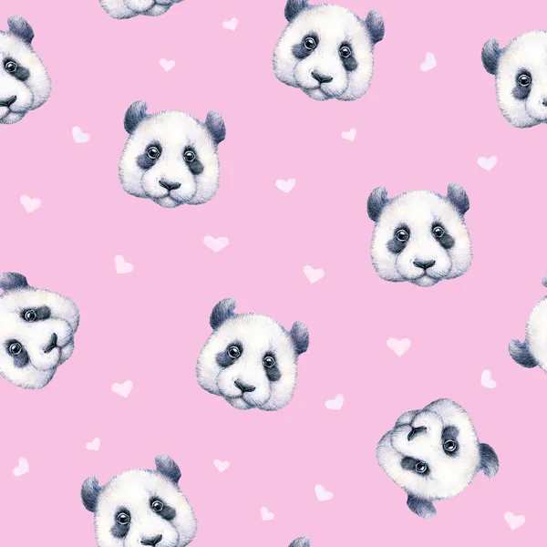Pandas sobre fondo rosa claro. Patrón sin costuras. Dibujo de acuarela. Ilustración infantil. Trabajos manuales —  Fotos de Stock