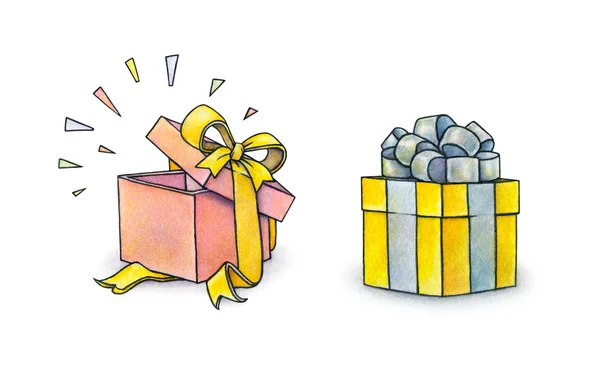 Conjunto de coloridas cajas de regalo con lazos y cintas aisladas sobre fondo blanco. Acuarela hermosa ilustración. Trabajos manuales — Foto de Stock