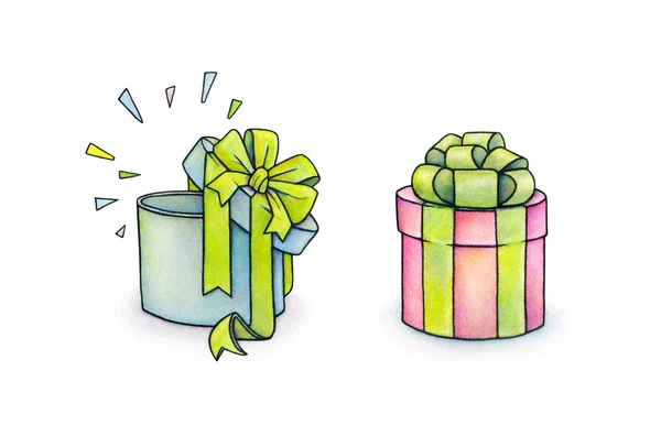 Conjunto de coloridas cajas de regalo con lazos y cintas aisladas sobre fondo blanco. Acuarela hermosa ilustración. Trabajos manuales —  Fotos de Stock