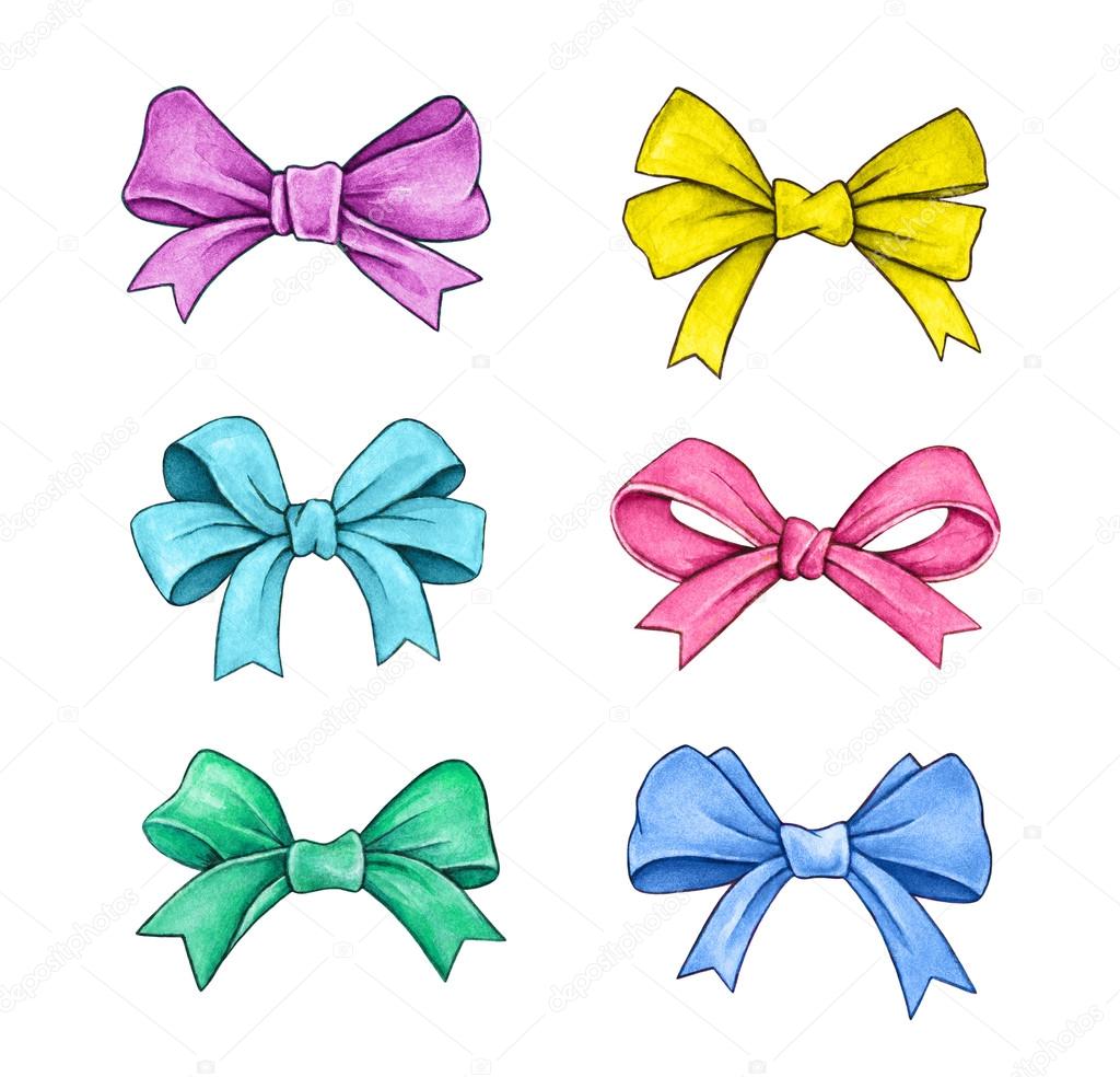 Set of color gift bows isolated on a white background. Watercolor lovely drawing. Handwork.