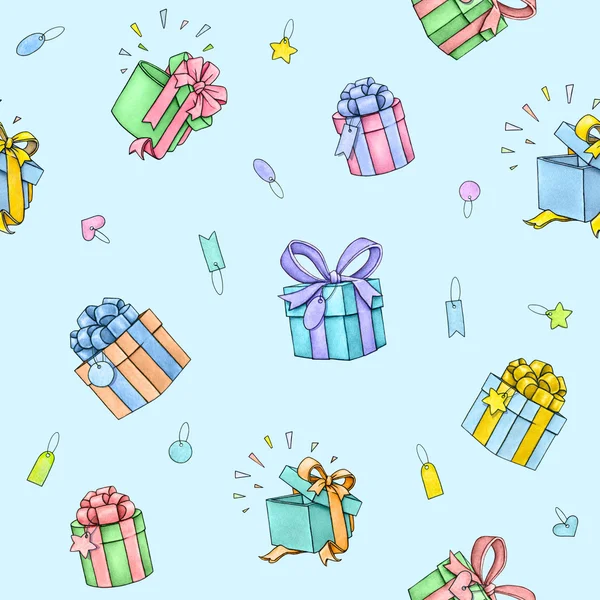 Set von bunten Geschenkboxen mit Schleifen und Bändern auf blauem Hintergrund. Aquarell schöne Illustration. Handarbeit — Stockfoto