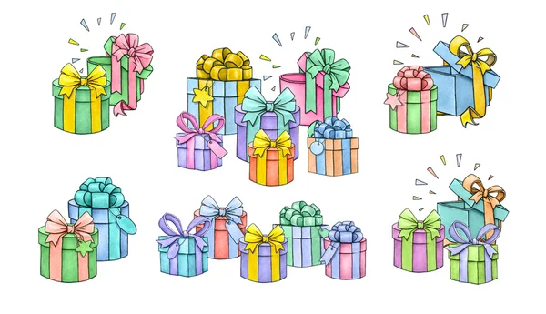 Set di scatole regalo colorate con fiocchi e nastri isolati su sfondo bianco. Acquerello bella illustrazione. Lavoro manuale — Foto Stock