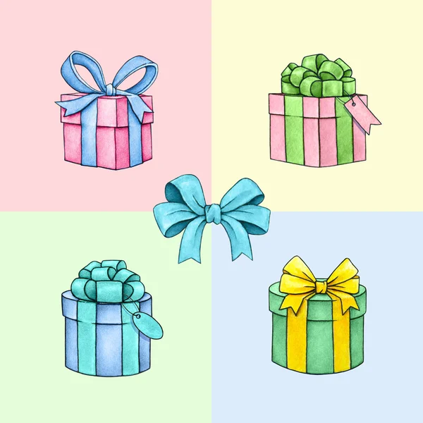 Set von bunten Geschenkboxen mit Schleifen und Bändern auf farbigem Hintergrund. Aquarell schöne Illustration. Handarbeit — Stockfoto