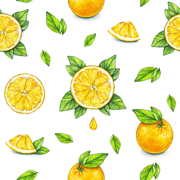 緑の葉と熟したオレンジ色の果実。水彩描画。手仕事。トロピカル フルーツ。健康食品。設計のためのシームレスなパターン — ストック写真