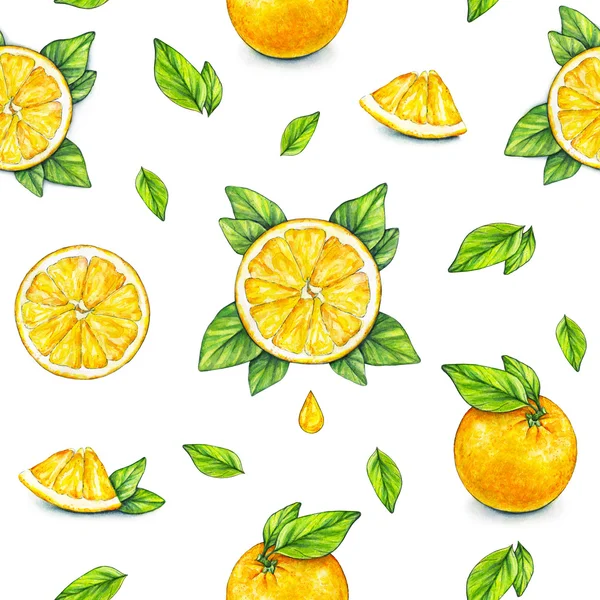 Orangen Früchte reif mit grünen Blättern. Aquarellzeichnung. Handarbeit. Tropische Früchte. Gesunde Ernährung. nahtloses Muster für das Design — Stockfoto