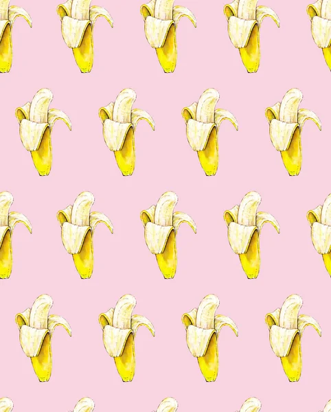 ピンクの背景のバナナ。シームレス パターン。水彩イラスト。トロピカル フルーツ。手仕事 — ストック写真
