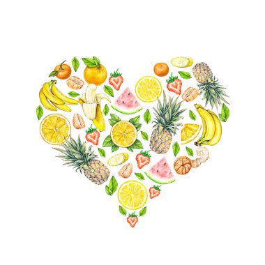 Kalp şeklinde meyve deseni. Ananas karpuz muz portakal limon mandalina ve çilek beyaz zemin üzerinde. Sulu boya resim. İşlemeli