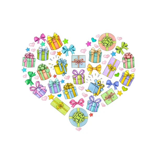 Σύνολο χρώμα κιβώτια δώρων με τόξα και κορδέλες σε λευκό φόντο με τη μορφή της καρδιάς. Εικόνες ακουαρέλα. Handwork — Φωτογραφία Αρχείου