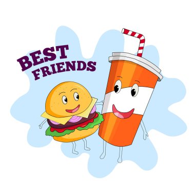 Burger ve soğuk içecekler Dostluk Günü 'nü kutluyor. Posterde hamburger ve soğuk içeceklerin en iyi arkadaşlar olduğu yazıyor..