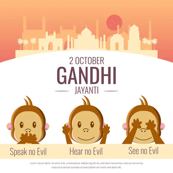 Gandi Jayanti Nin Resmi Maymun Tasviri Kötülük Yok Kötülük Yok — Stok Vektör