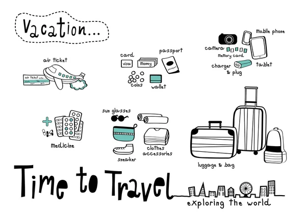 Tempo di viaggiare Doodle sfondo bianco — Vettoriale Stock