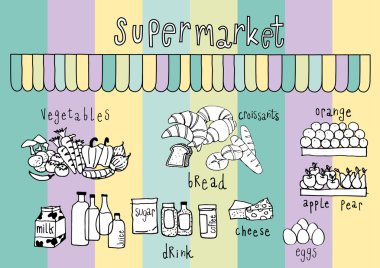 Süpermarket Doodle renkli Pastel arka plan