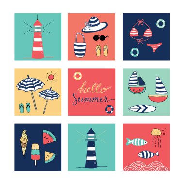 Yaz doodle renkli kare simgeler Merhaba