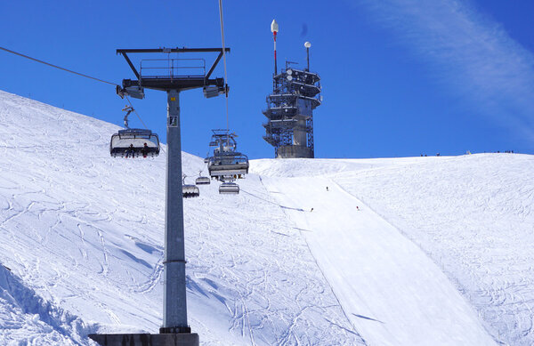 scene of ski cable car at snow mountains Titlis