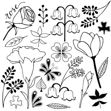 çiçek ve yaprak varyasyon el çizilmiş kroki doodle