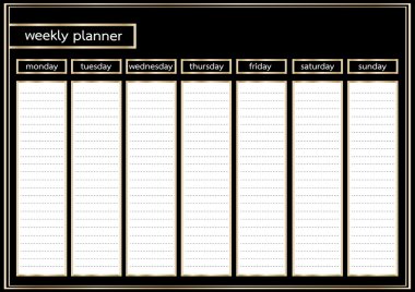 Weekly planner metallic gold and black horizontal clipart