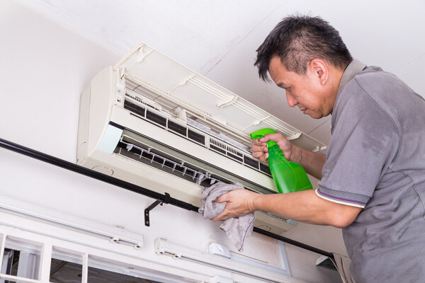 Series of technician servicing the indoor air-conditioning unit.