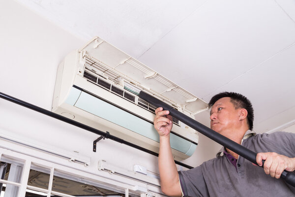 Series of technician servicing the indoor air-conditioning unit.