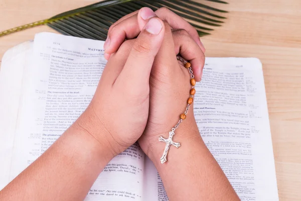 Rezar oraciones usando rosario católico con crucifijo y biblia — Foto de Stock