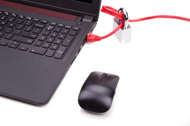 Ağ kablo asma kilit ile bilgisayar ağ güvenliği kavramı