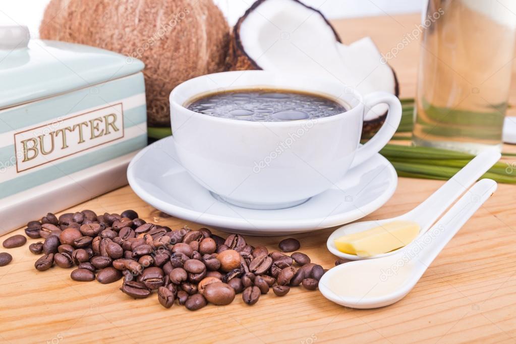 Bulletproof coffee with virgin coconut oil and organic butter