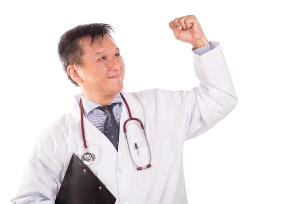Succès mûri asiatique médecin se réjouissant avec élevé ha — Photo
