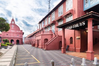 Eski Hollanda sömürge binaları İsa kilisesi ve Stadthuys kırmızı binaları ikonik Malacca turizm merkezleridir. Kimse yok..
