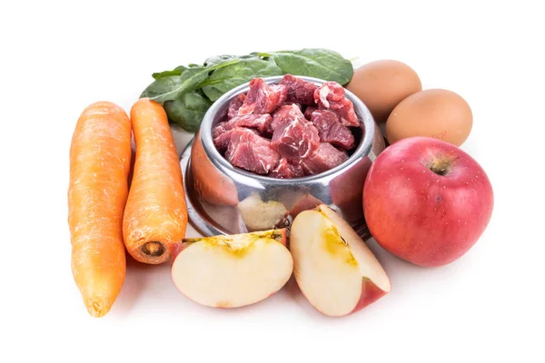 Ingredienser av oppskrift på rå matvarer til hunder som består av kjøtt, egg og grønnsaker – stockfoto